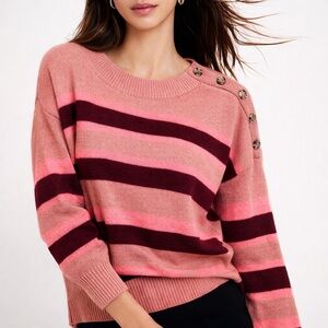 LOFT Button Shoulder Striped Sweater XL Pink Burgundy Cozy Knit Preppy Coastal